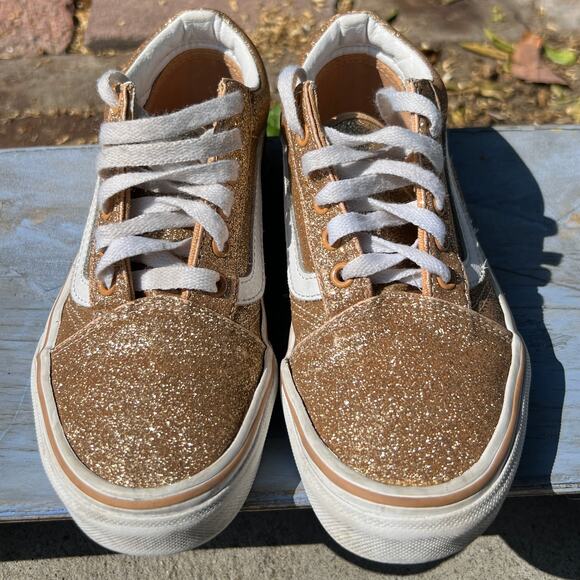 VANS OLD SKOOL GLITTER GOLD SHOES LACE UP KIDS SIZE 2 - Picture 1 of 4